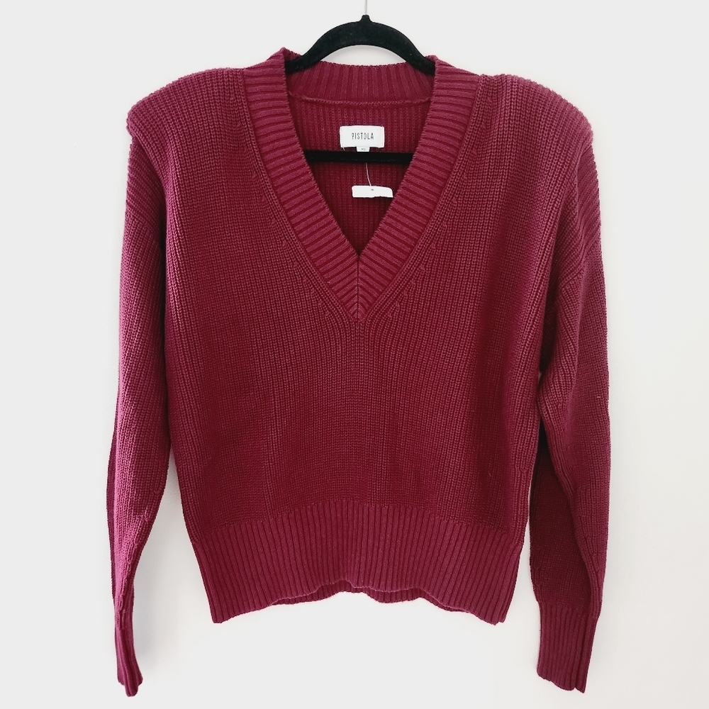 PISTOLA Evereve Merlot Red Slouchy V-Neck Ribbed Cableknit Sweater - Picture 2 of 7